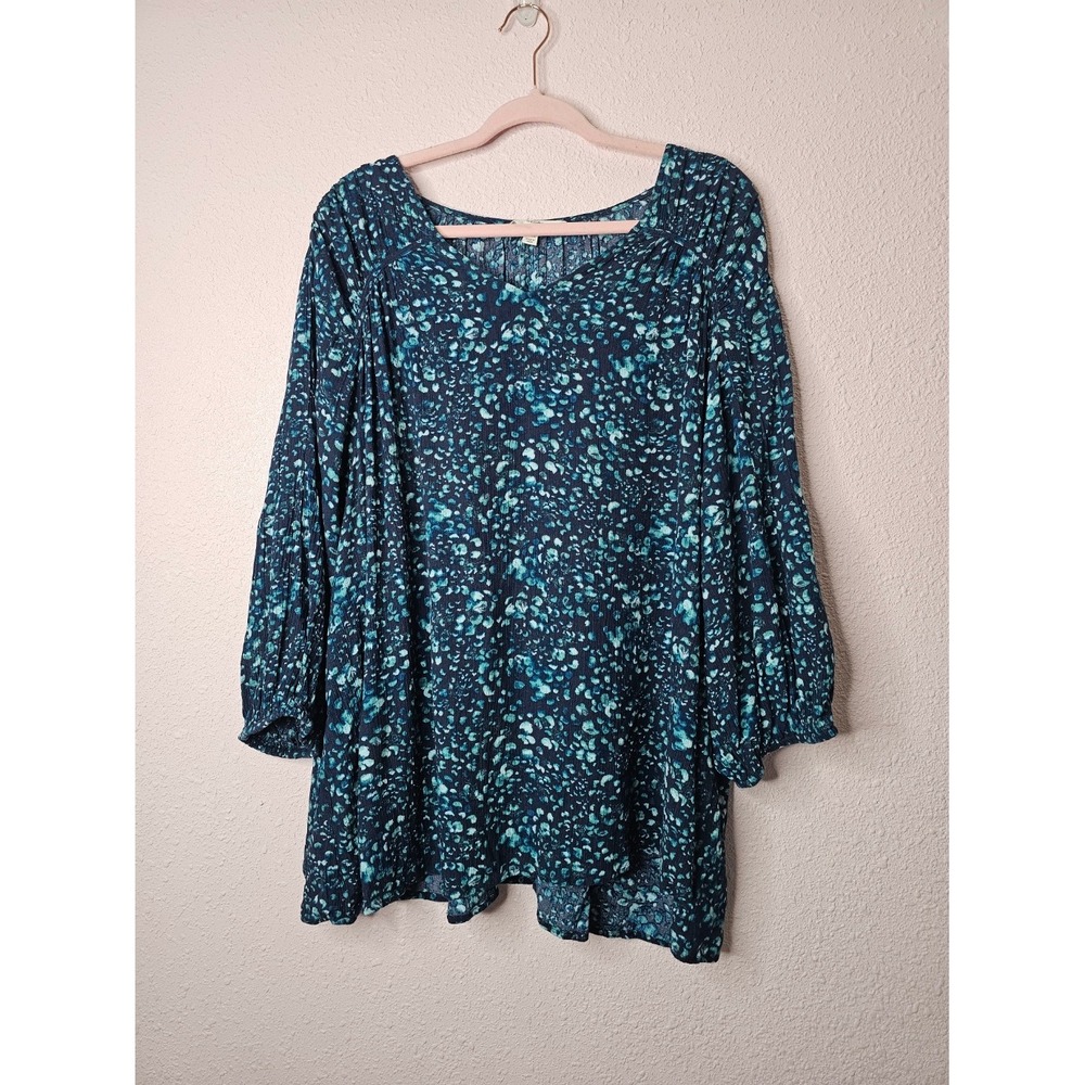 Terra & Sky Womens 3X Blue Green Abstract Print Babydoll Blouse Long Sleeve Top